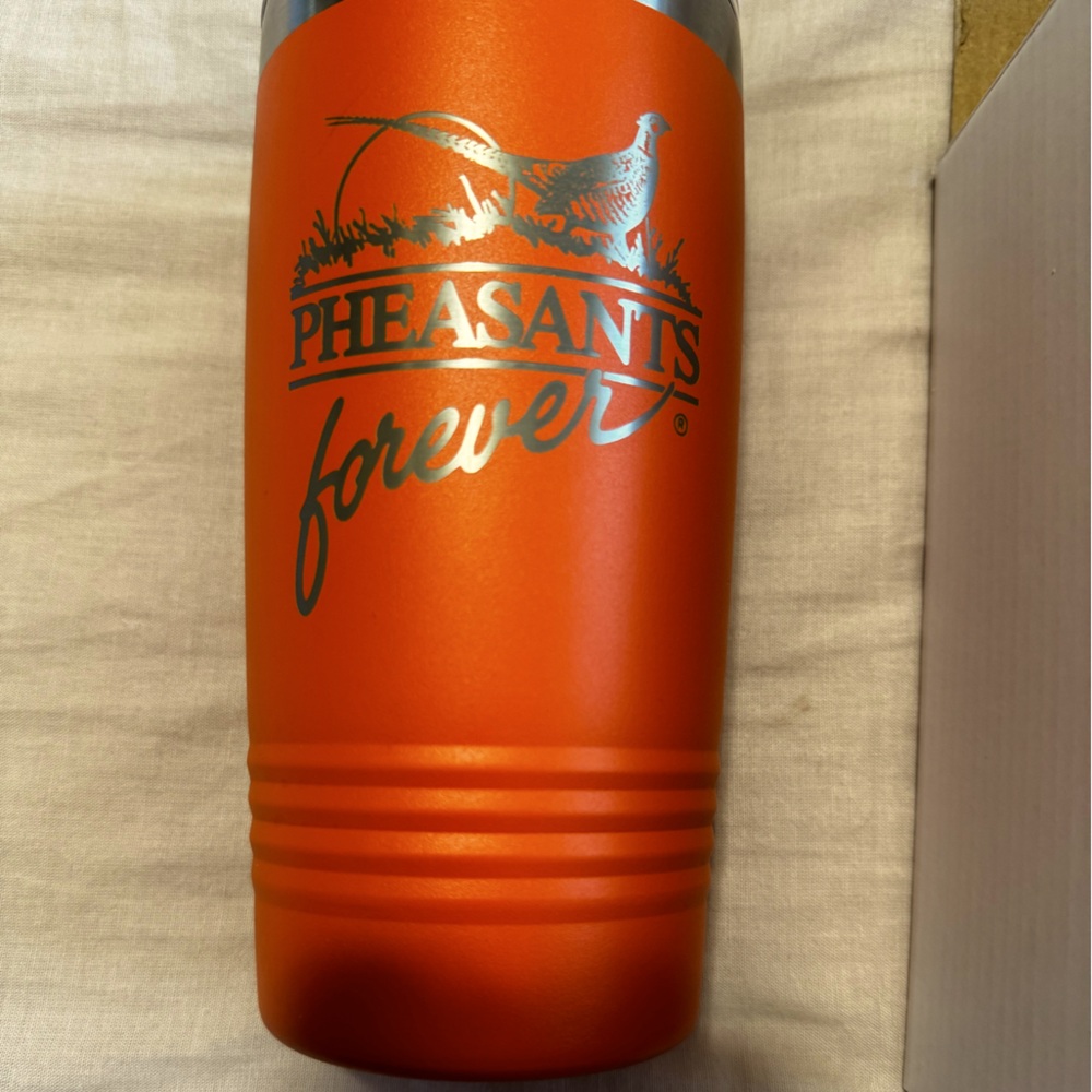 NIB Pheasants Forever Travel Cup, 20ounces, slider top, gold lettering.